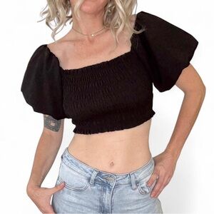 Hyfve Milkmaid Black Crop Top Womens S Coquette Puff Sleeves Whimsigoth Smocked